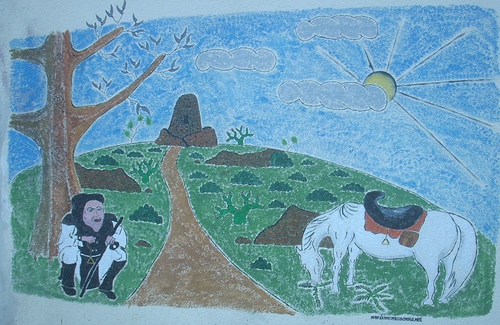 Paesaggio sardo con pastore, nuraghe e cavallo